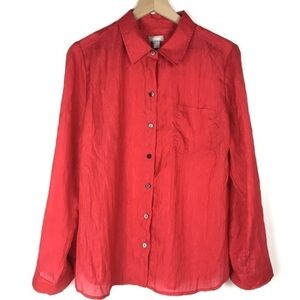 CHICOS Sheer Red Top Button Up Long Sleeve Crinkle Lightweight Size 2 Large